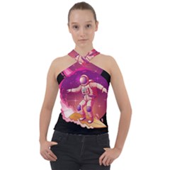 Astronaut Spacesuit Standing Surfboard Surfing Milky Way Stars Cross Neck Velour Top by Ndabl3x