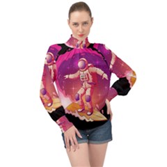 Astronaut Spacesuit Standing Surfboard Surfing Milky Way Stars High Neck Long Sleeve Chiffon Top by Ndabl3x