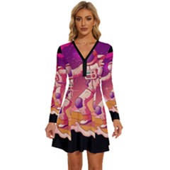 Astronaut Spacesuit Standing Surfboard Surfing Milky Way Stars Long Sleeve Deep V Mini Dress  by Ndabl3x