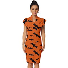 Halloween Card With Bats Flying Pattern Vintage Frill Sleeve V-neck Bodycon Dress by Hannah976