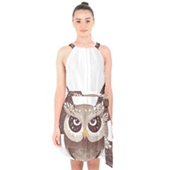 Owl Bird Feathers Halter Collar Waist Tie Chiffon Dress by Sarkoni