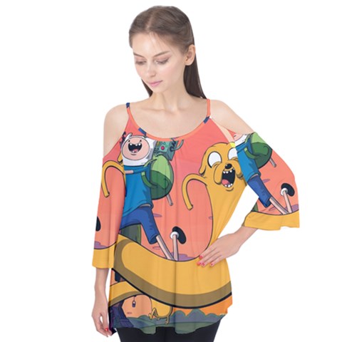 Finn And Jake Adventure Time Bmo Cartoon Flutter Sleeve T-shirt  by Bedest