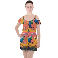 Finn And Jake Adventure Time Bmo Cartoon Ruffle Cut Out Chiffon Playsuit by Bedest