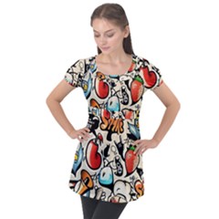 Art Book Gang Crazy Graffiti Supreme Work Puff Sleeve Tunic Top by Bedest