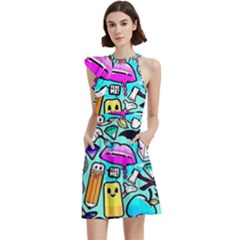 Graffiti Pop Art Crazy Retro Cocktail Party Halter Sleeveless Dress With Pockets by Bedest