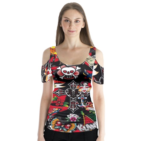 Graffiti Tatoo Skate Art Boom Butterfly Sleeve Cutout T-shirt  by Bedest