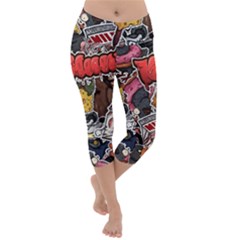 Stickerbomb Crazy Graffiti Graphite Monster Lightweight Velour Capri Yoga Leggings by Bedest