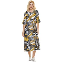 Boom Bang Art Crazy Drawing Graffiti Hello Retro Sayings Yellow Double Cuff Midi Dress by Bedest