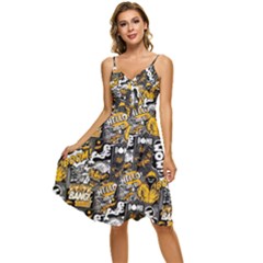 Boom Bang Art Crazy Drawing Graffiti Hello Retro Sayings Yellow Sleeveless Tie Front Chiffon Dress by Bedest