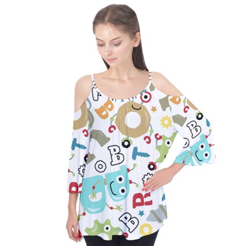 Seamless Pattern Vector With Funny Robots Cartoon Flutter Sleeve T-shirt  by Hannah976