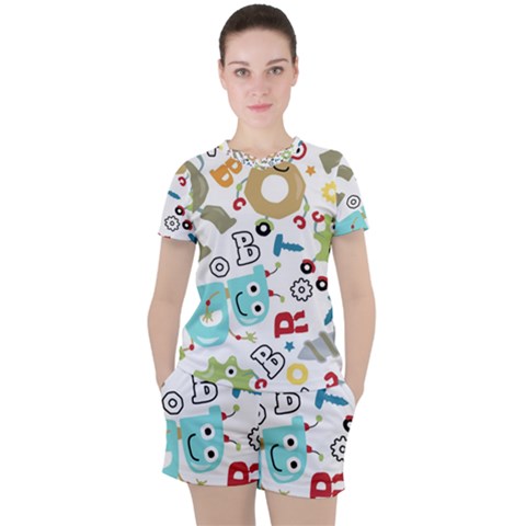 Seamless Pattern Vector With Funny Robots Cartoon Women s T-shirt And Shorts Set by Hannah976