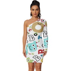 Seamless Pattern Vector With Funny Robots Cartoon Long Sleeve One Shoulder Mini Dress by Hannah976