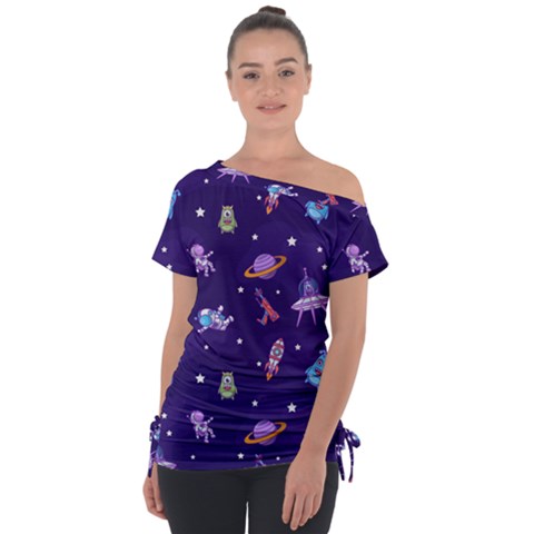 Space Seamless Pattern Off Shoulder Tie-up T-shirt by Hannah976