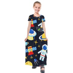 Space Seamless Pattern Cartoon Art Kids  Short Sleeve Maxi Dress by Hannah976