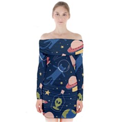 Seamless Pattern With Funny Aliens Cat Galaxy Long Sleeve Off Shoulder Dress by Hannah976