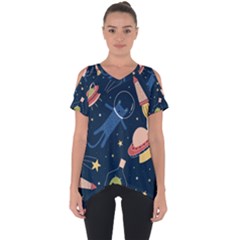 Seamless Pattern With Funny Aliens Cat Galaxy Cut Out Side Drop T-shirt by Hannah976