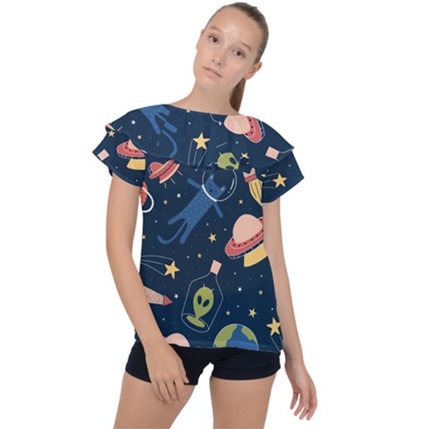 Seamless Pattern With Funny Aliens Cat Galaxy Ruffle Collar Chiffon Blouse by Hannah976