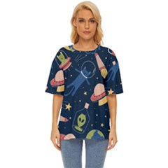 Seamless Pattern With Funny Aliens Cat Galaxy Oversized Basic T-shirt by Hannah976