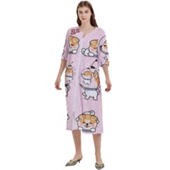 Set Kawaii Smile Japanese Dog Akita Inu Cartoon Women s Cotton 3/4 Sleeve Night Gown by Hannah976