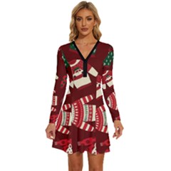 Ugly Sweater Wrapping Paper Long Sleeve Deep V Mini Dress  by artworkshop