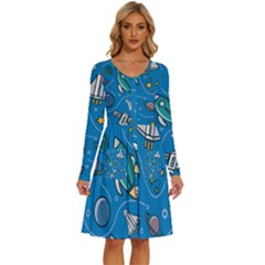 About Space Seamless Pattern Long Sleeve Dress With Pocket by Hannah976