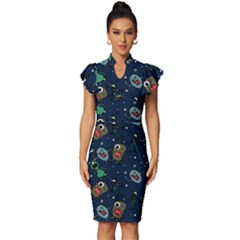 Monster Alien Pattern Seamless Background Vintage Frill Sleeve V-neck Bodycon Dress by Hannah976