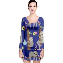 Hand Drawn Cute Sloth Pattern Background Long Sleeve Bodycon Dress by Hannah976