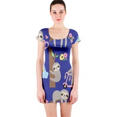 Hand Drawn Cute Sloth Pattern Background Short Sleeve Bodycon Dress by Hannah976