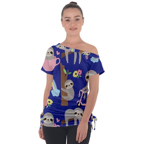 Hand Drawn Cute Sloth Pattern Background Off Shoulder Tie-up T-shirt by Hannah976