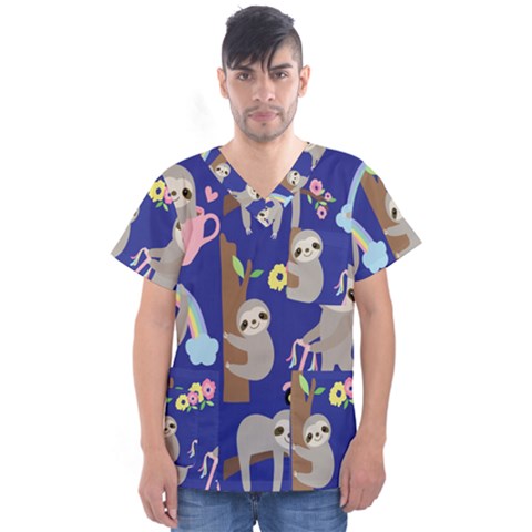 Hand Drawn Cute Sloth Pattern Background Men s V-neck Scrub Top by Hannah976