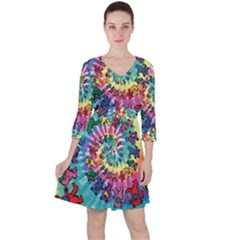 Grateful Dead Bears Tie Dye Vibrant Spiral Quarter Sleeve Ruffle Waist Dress by Bedest