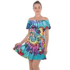 Grateful Dead Bears Tie Dye Vibrant Spiral Off Shoulder Velour Dress by Bedest