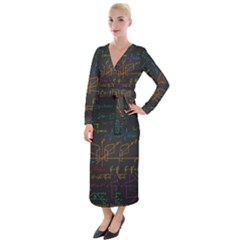 Mathematical Colorful Formulas Drawn By Hand Black Chalkboard Velvet Maxi Wrap Dress by Ravend