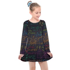 Mathematical Colorful Formulas Drawn By Hand Black Chalkboard Kids  Long Sleeve Dress by Ravend