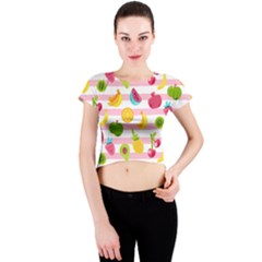 Tropical Fruits Berries Seamless Pattern Crew Neck Crop Top by Ravend