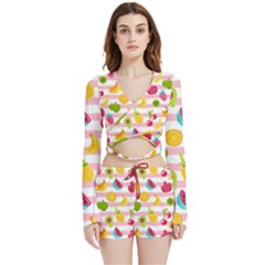 Tropical Fruits Berries Seamless Pattern Velvet Wrap Crop Top And Shorts Set by Ravend