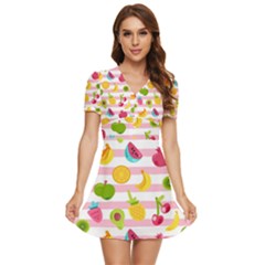 Tropical Fruits Berries Seamless Pattern V-neck High Waist Chiffon Mini Dress by Ravend