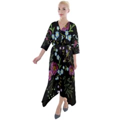 Embroidery Trend Floral Pattern Small Branches Herb Rose Quarter Sleeve Wrap Front Maxi Dress by Apen