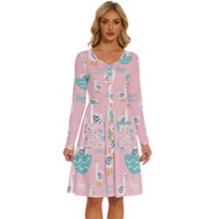 Cute Owl Doodles With Moon Star Seamless Pattern Long Sleeve Dress With Pocket by Apen