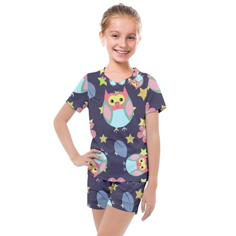 Owl Stars Pattern Background Kids  Mesh T-shirt And Shorts Set by Apen