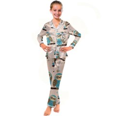 Seamless Pattern Owls Dream Cute Style Pajama Fabric Kids  Satin Long Sleeve Pajamas Set by Apen