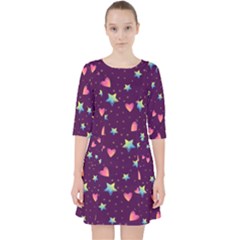 Colorful Stars Hearts Seamless Vector Pattern Quarter Sleeve Pocket Dress by Apen