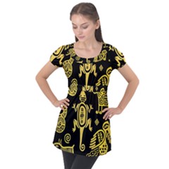 Mexican Culture Golden Tribal Icons Puff Sleeve Tunic Top by Apen