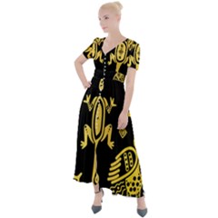 Mexican Culture Golden Tribal Icons Button Up Short Sleeve Maxi Dress by Apen