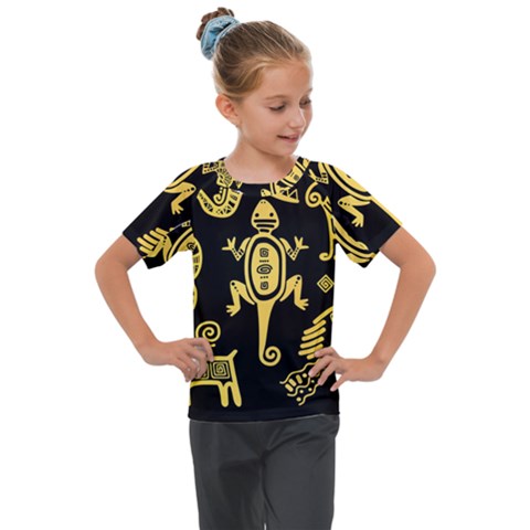 Mexican Culture Golden Tribal Icons Kids  Mesh Piece T-shirt by Apen