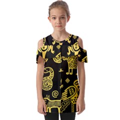 Mexican Culture Golden Tribal Icons Fold Over Open Sleeve Top by Apen