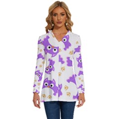 Purple Owl Pattern Background Long Sleeve Drawstring Hooded Top by Apen