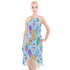 Cute Kawaii Ice Cream Seamless Pattern High-low Halter Chiffon Dress  by Apen