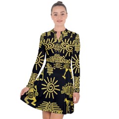 Maya Style Gold Linear Totem Icons Long Sleeve Panel Dress by Apen