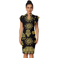 Maya Style Gold Linear Totem Icons Vintage Frill Sleeve V-neck Bodycon Dress by Apen